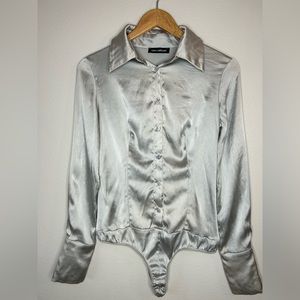 98% SILK silver bodysuit button up blouse EU size 42 US sz 12 Made in Italy